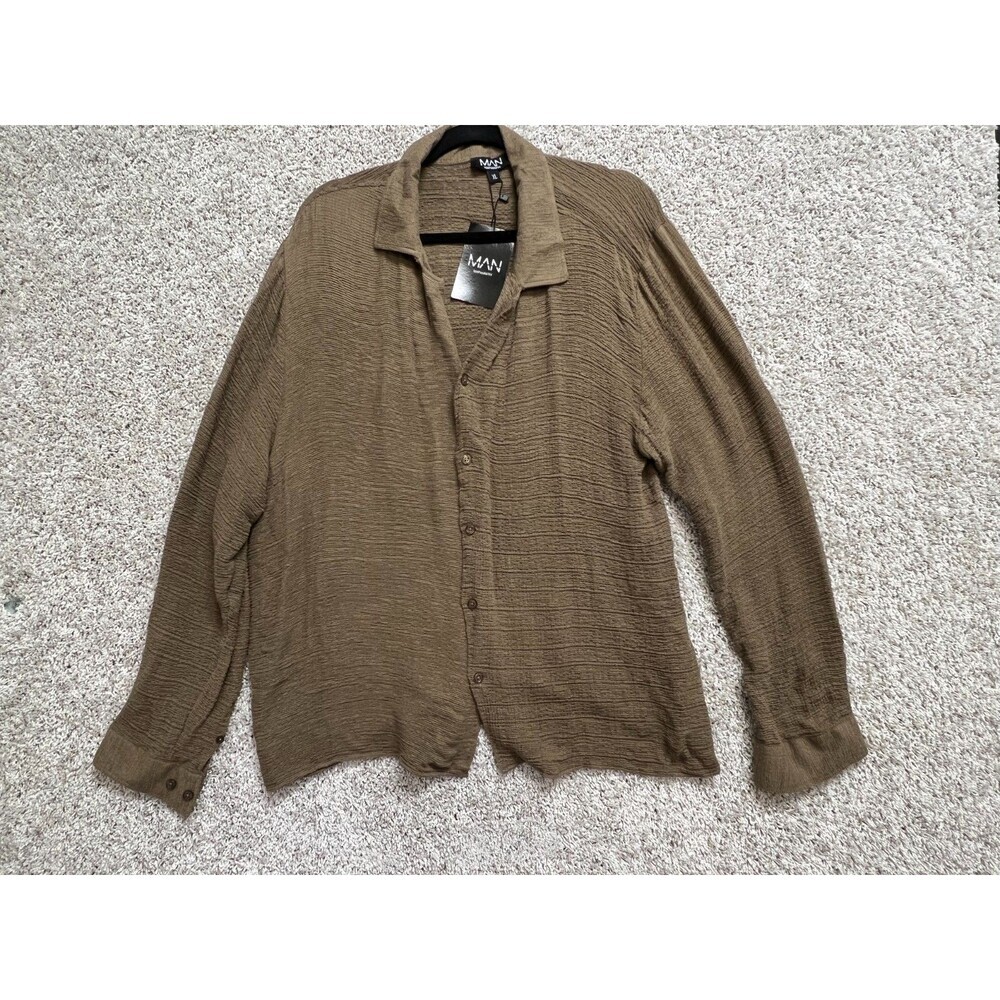 BoohooMAN Textured Shirt Men XL Mocha Long Sleeve Button Front Casual NWT